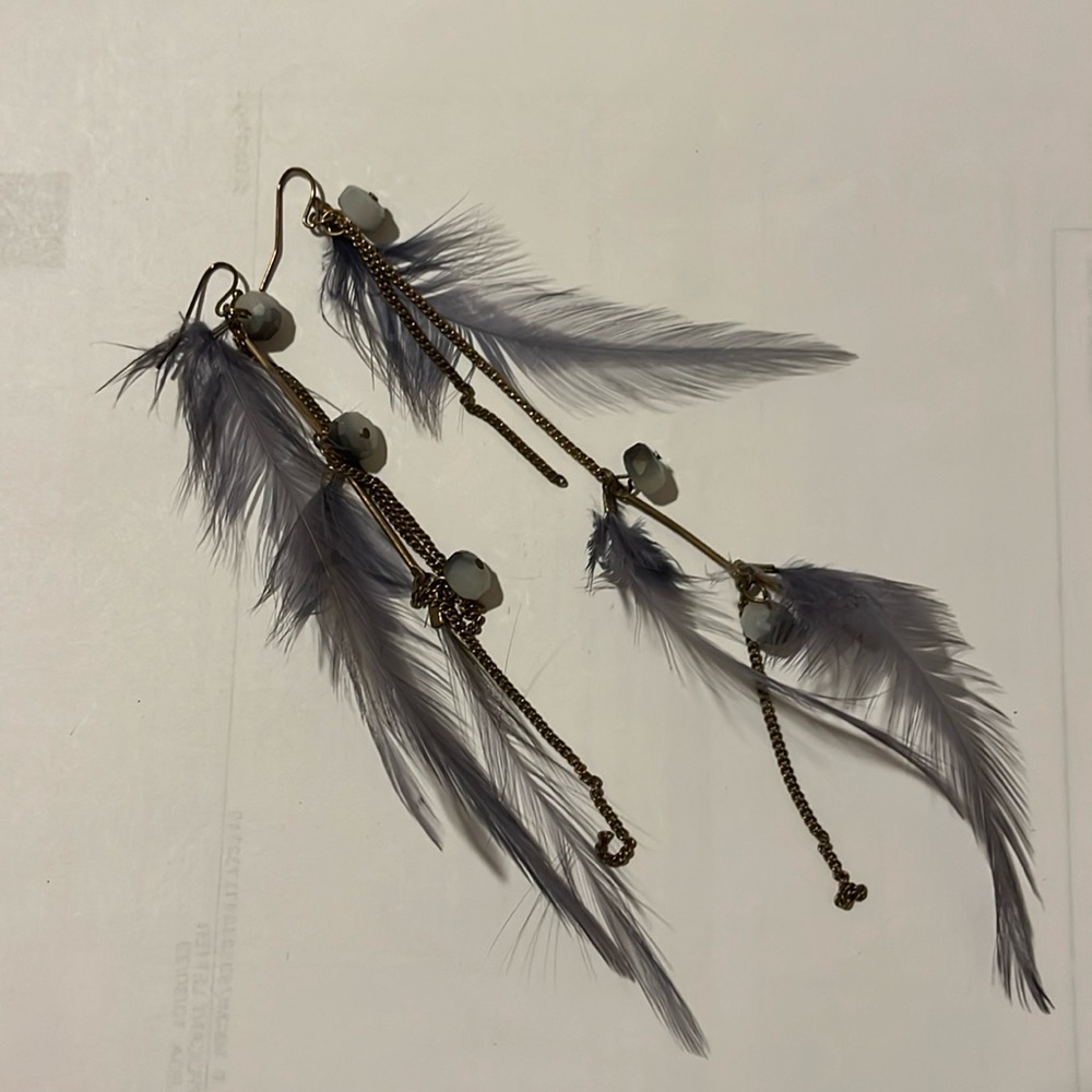 Bohemian gray feather stone, and chain earrings